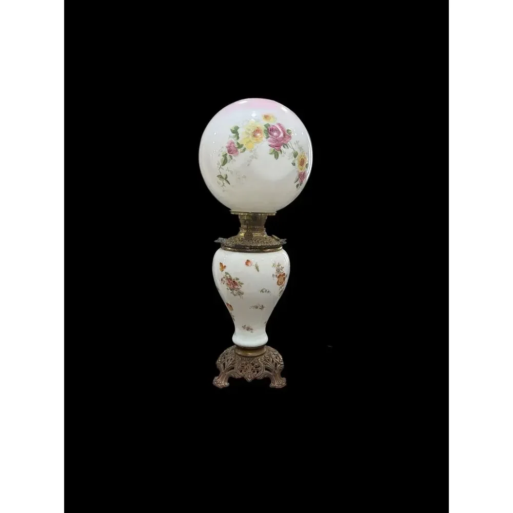 Antique Gone With the Wind Lamp Hand Painted Floral Globe Electrified 25